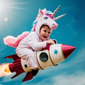 baby-pink-unicorn-costume-is-flying-sky